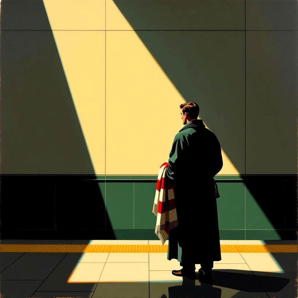 Man in Bathrobe at Train Station, Hopper Style