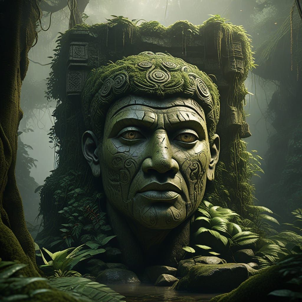 Ancient Stone Head in Misty Jungle - Detailed Concept Art