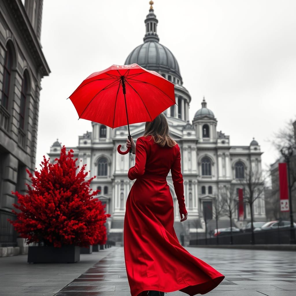 Girl Walks Towards St Paul's Cathedral in Whimsical Greyscal...