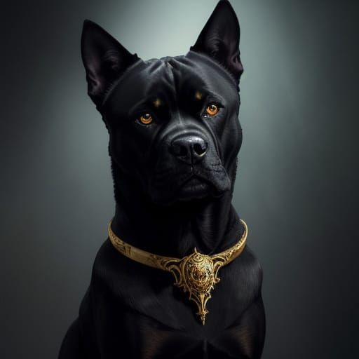 Obsidian Boxer Dog Guarding Opulent Ballroom in Dark Fantasy...