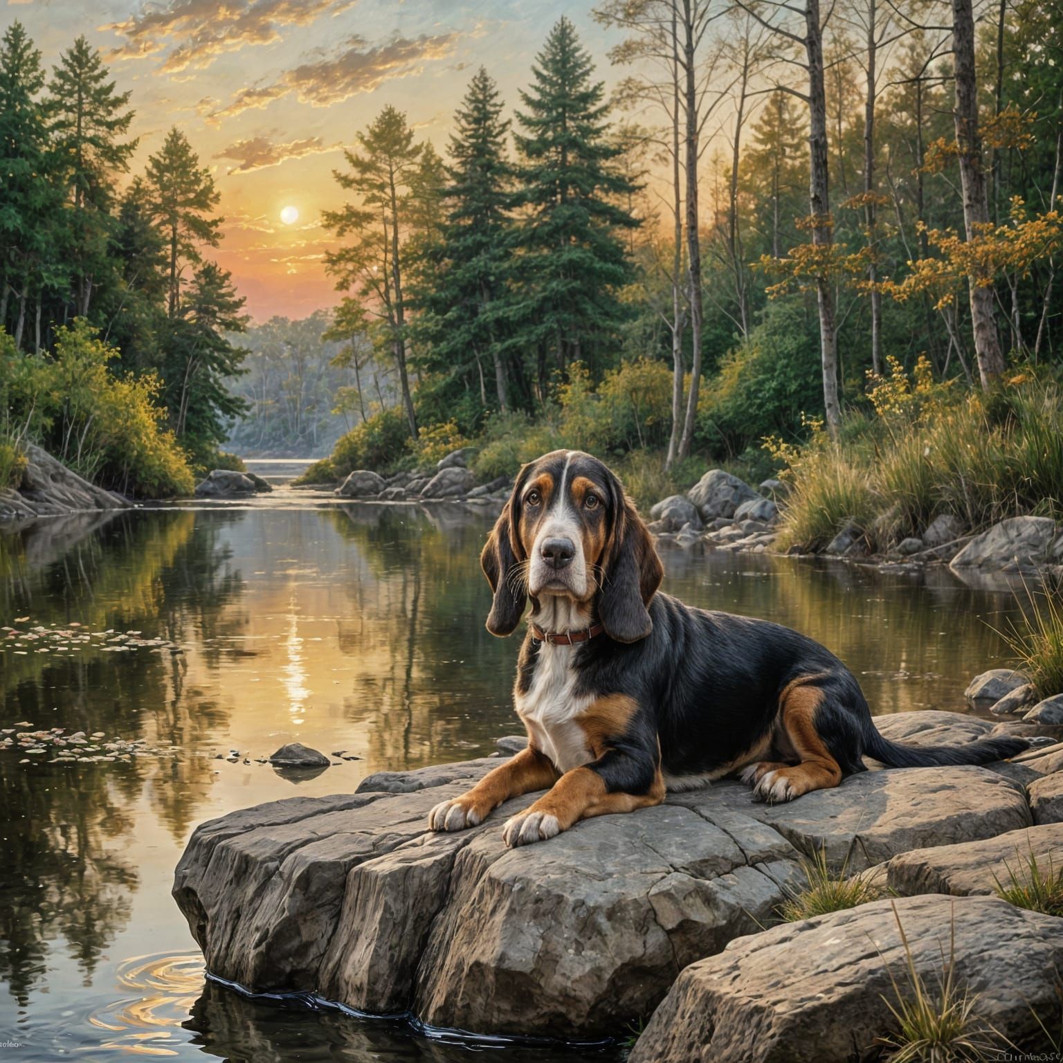 Basset Hound Lounging on Rock in Ethereal Light