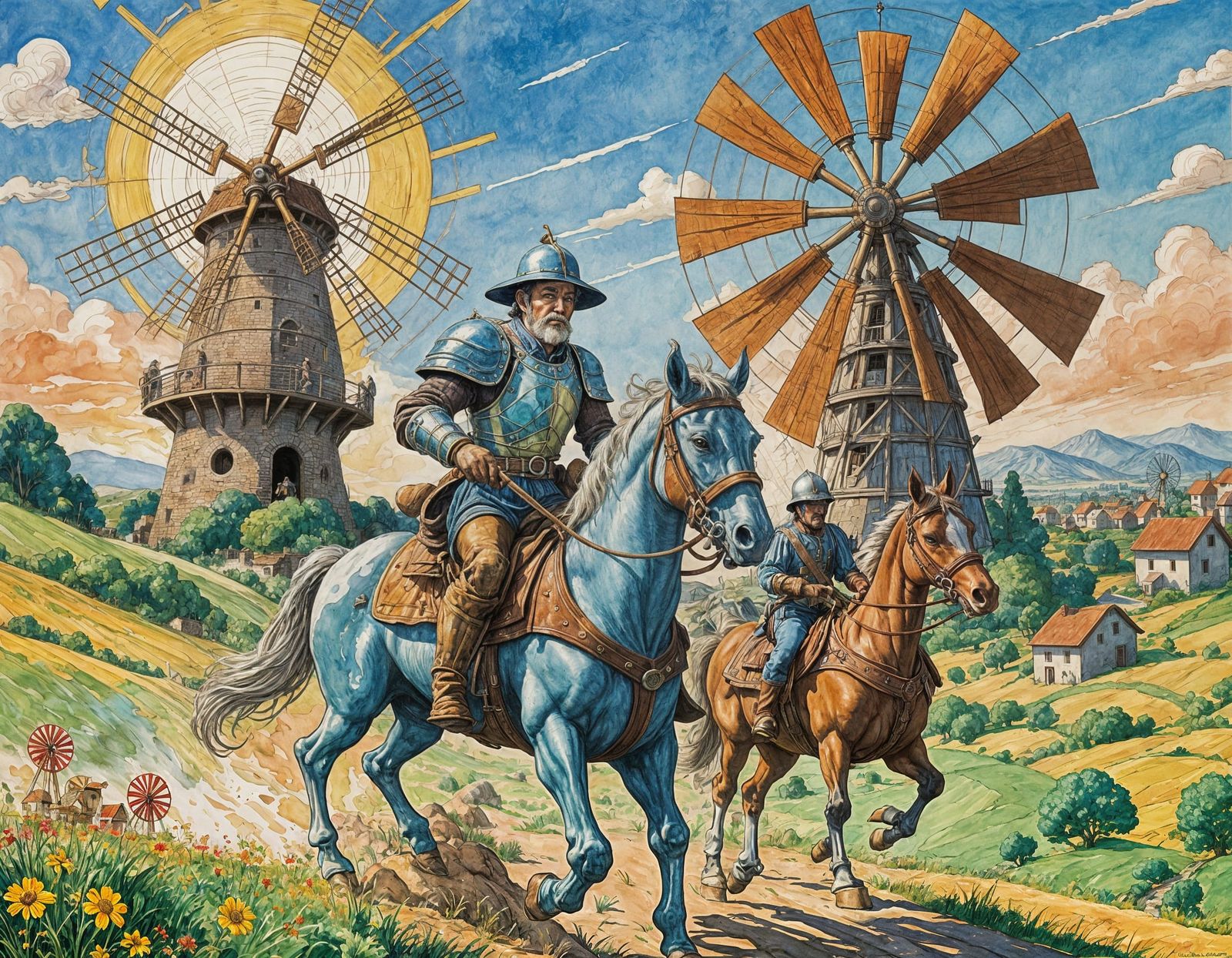 Don Quixote Tilting: Comic Book Gouache-Watercolor Art