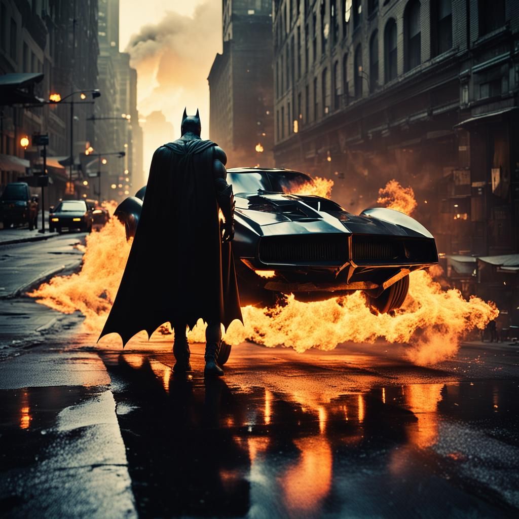 Batman in Gotham with Flaming Car: Cinematic Film Still