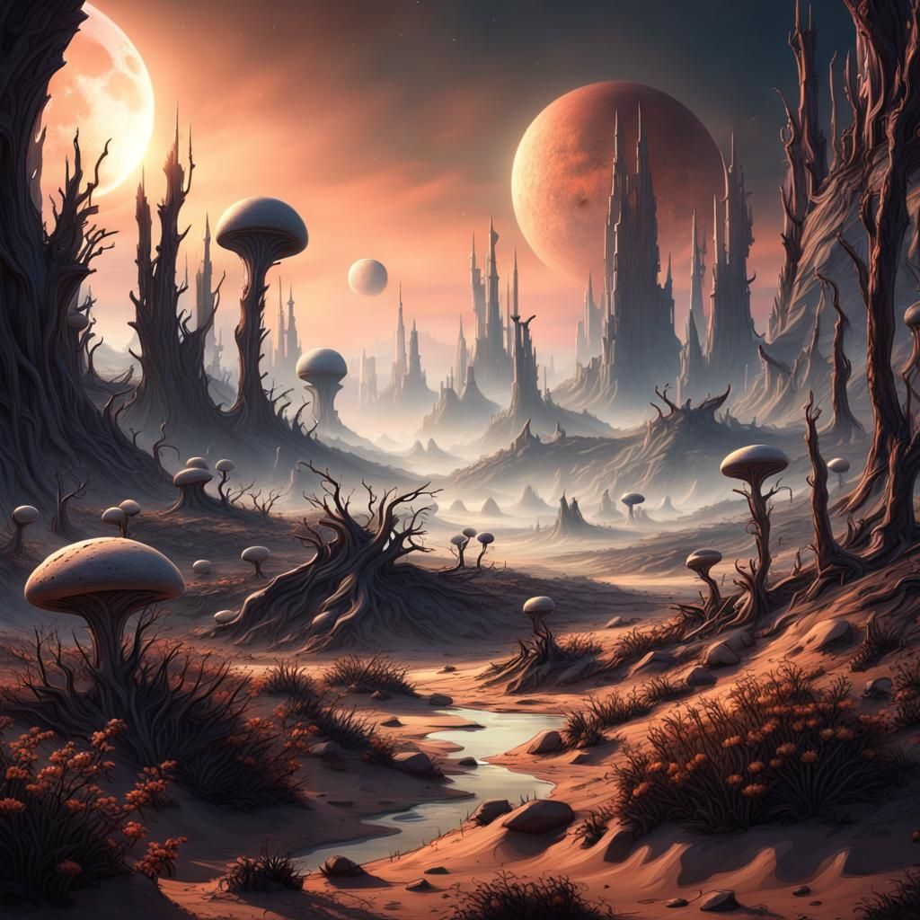 Eerie Alien Landscape at Dusk with Rising Moons