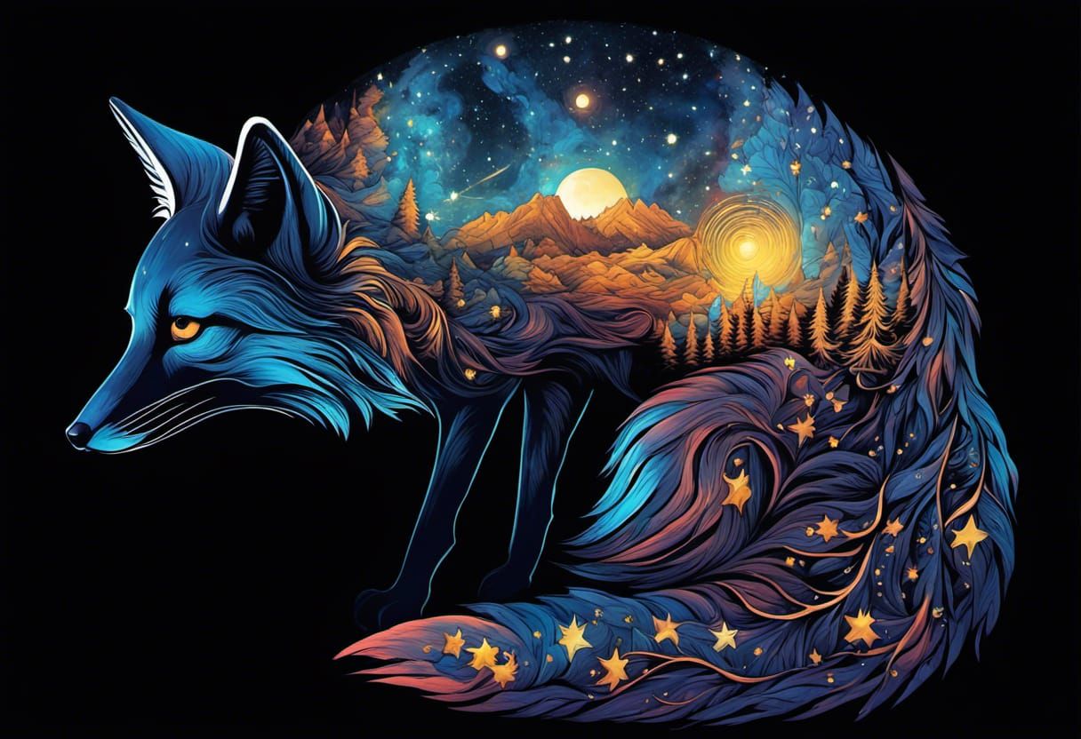 Gothic Black Fox Portrait in Vibrant Galaxy Sky