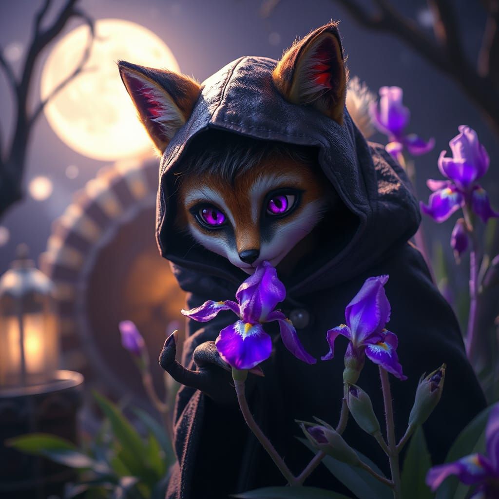 Mystical Fox Spirit in Dark Fantasy Garden Scene