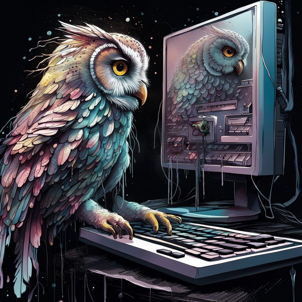 Owl and Computer: Detailed Digital Illustration