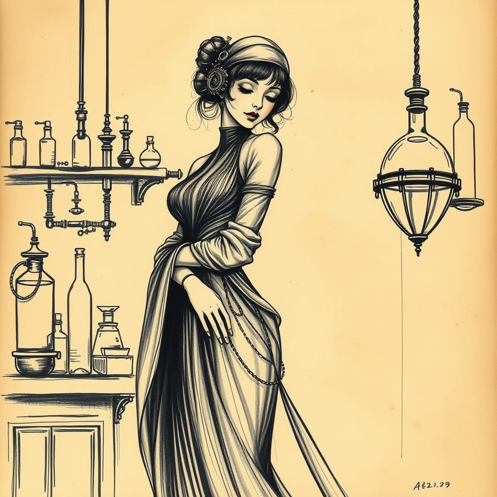 Steampunk Beauty in Charcoal Sketch Art Nouveau Style