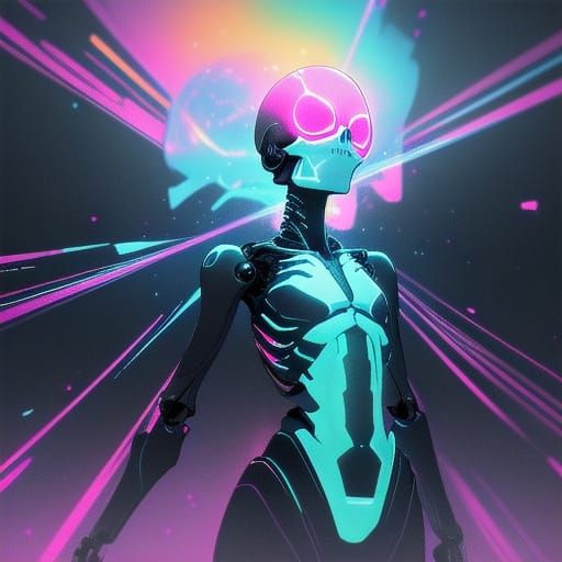 Futuristic Skeletal Figure with Neon Particles
