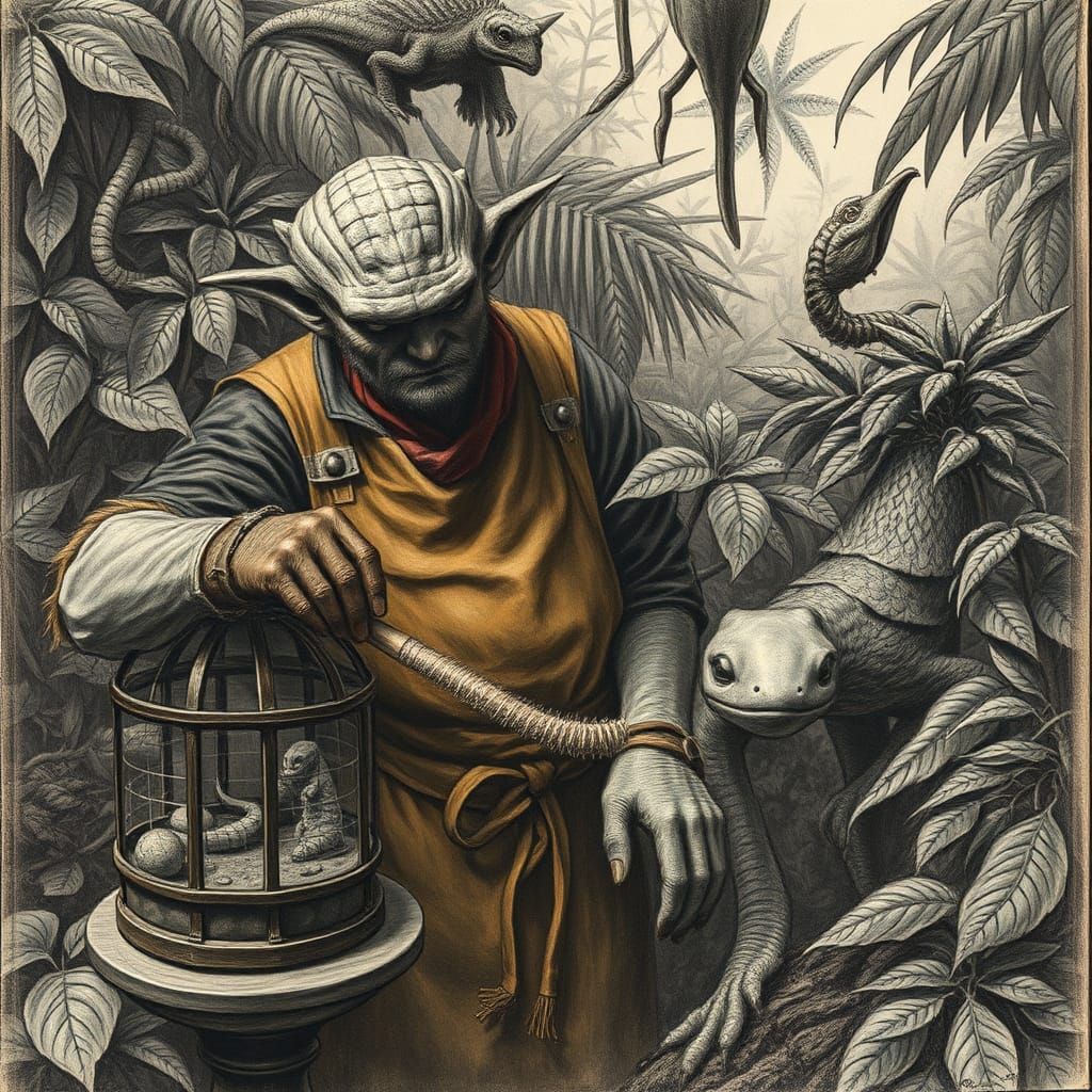 Kobold Zookeeper in Hyperdetailed Charcoal Drawing