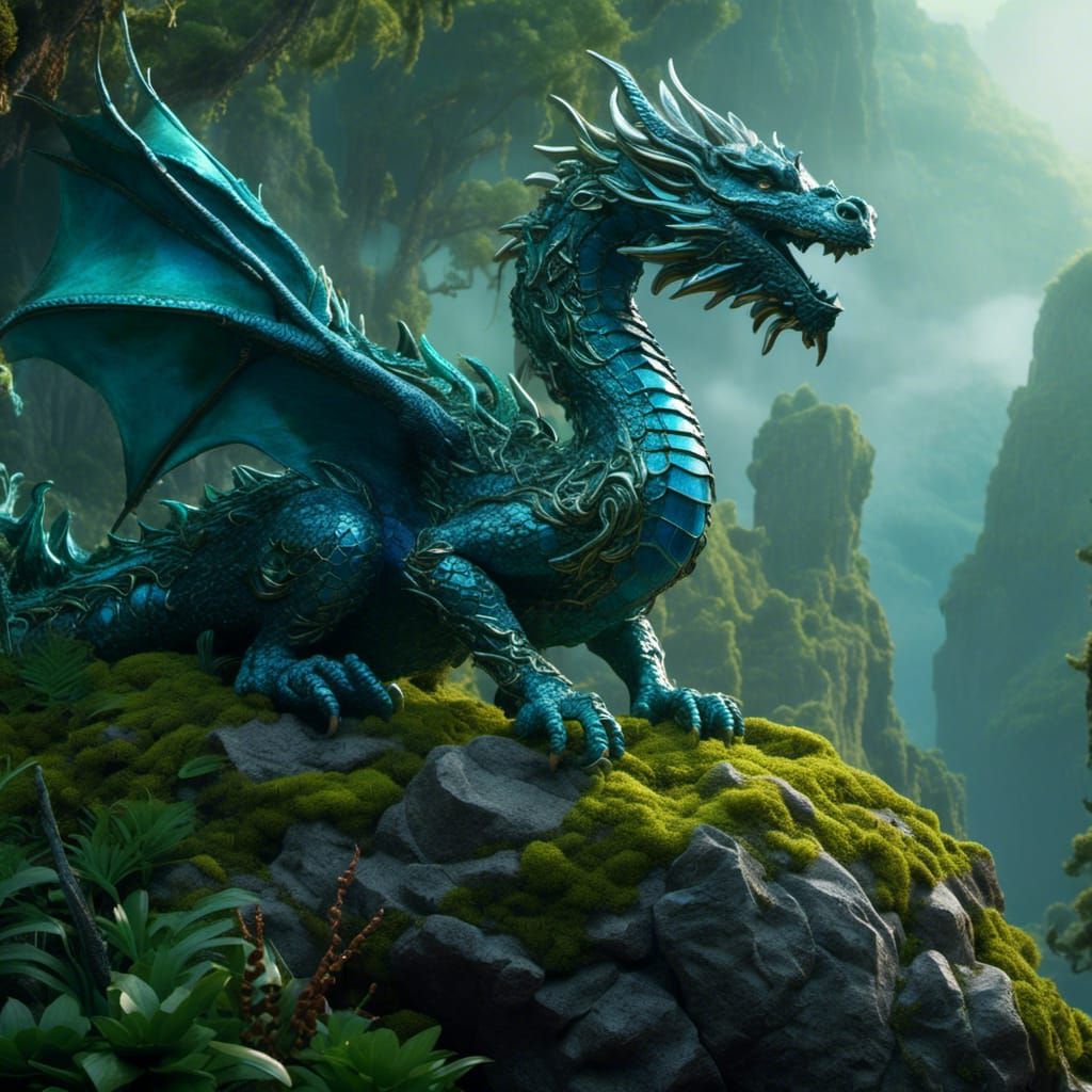 Jeweled Dragon Overlooking Misty Forest: Fantasy Concept Art