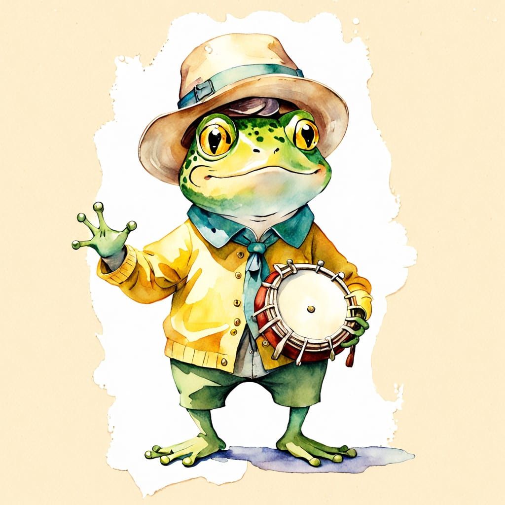 Whimsical Watercolor Frog Plays Tambourine