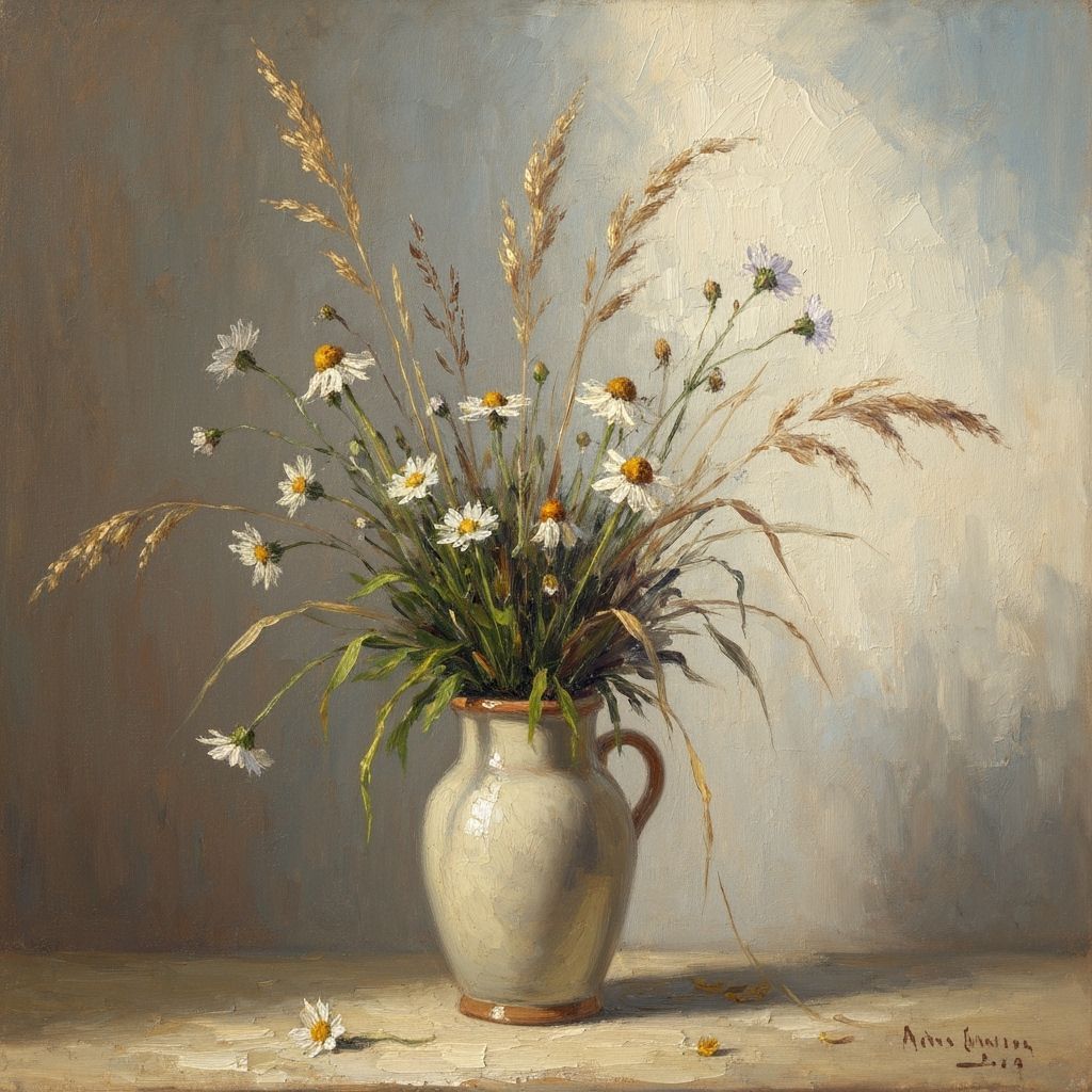 Rustic Autumn Oil Painting of Wildflowers in Vase