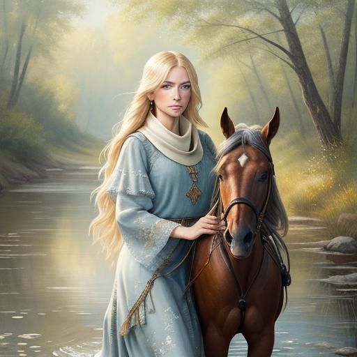Cowgirl at Creek with Horse: Ethereal Western Art