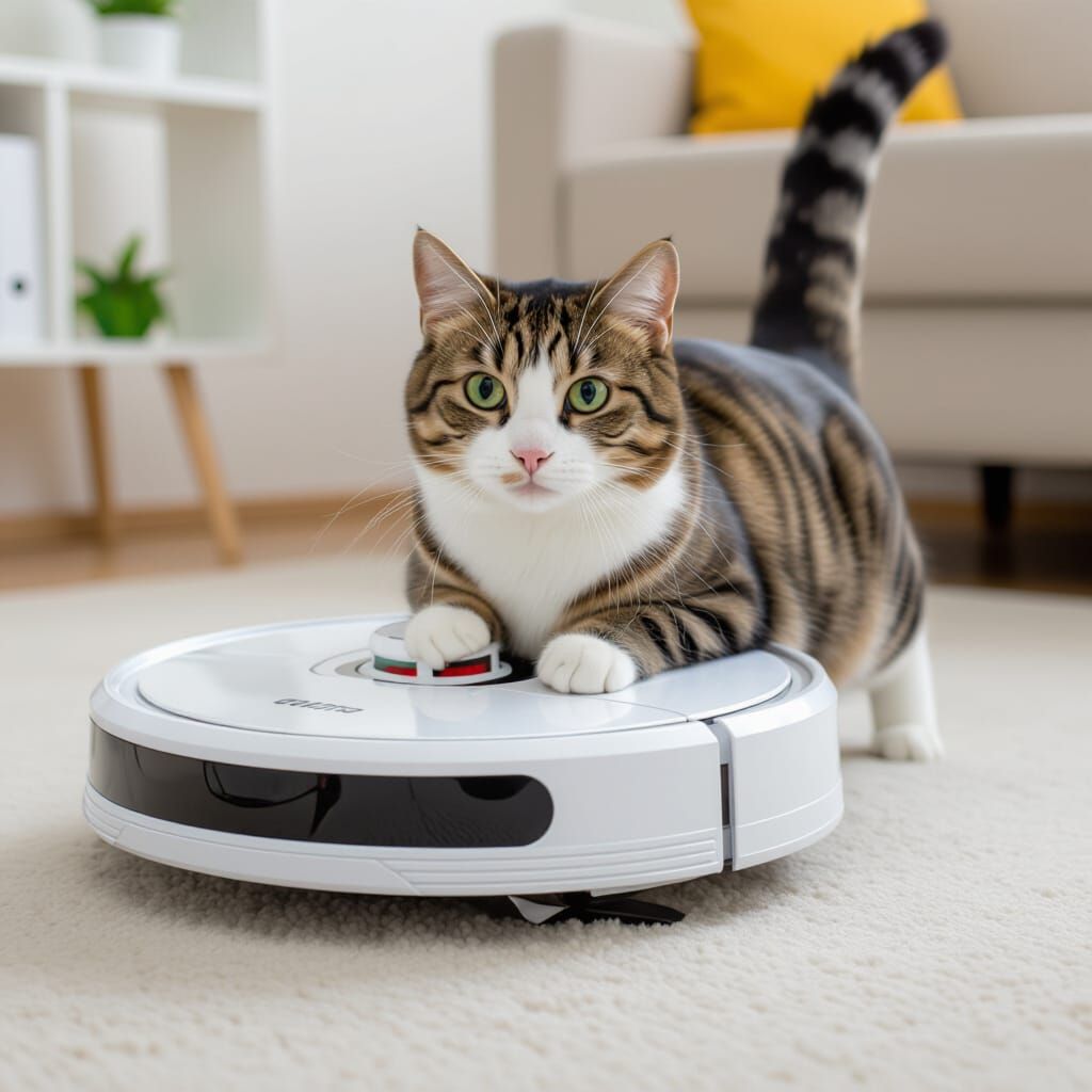 Cat Rides a Robot Vacuum Cleaner