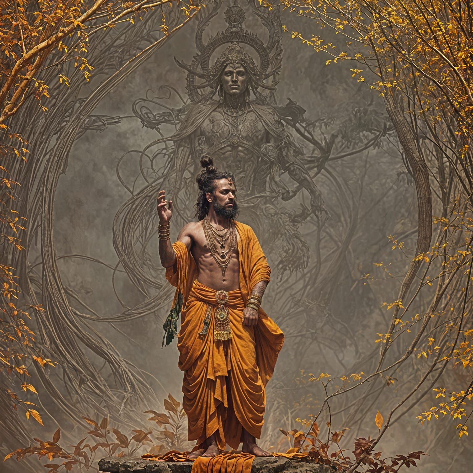 Meditating Sadhu with Demons, Dark Fantasy Art