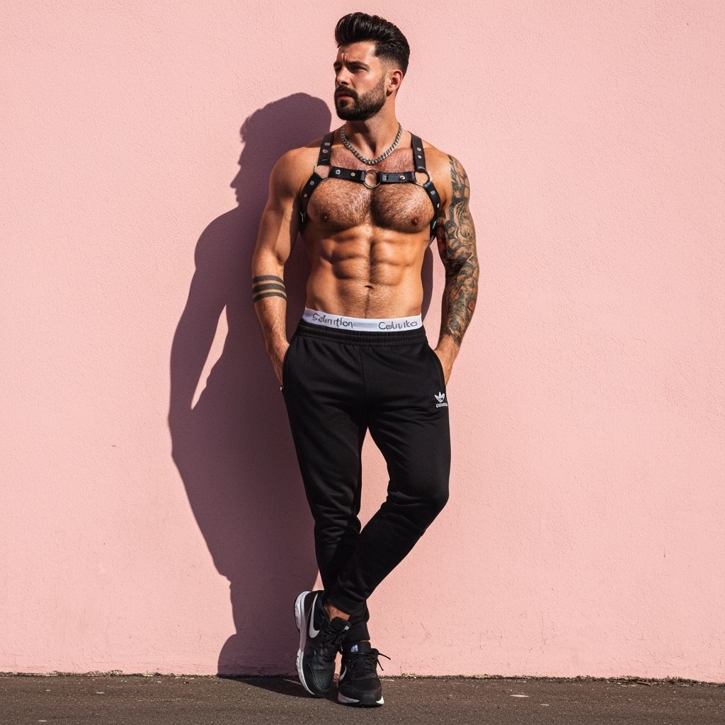 Masculine Man Posing Against Pastel Wall in Golden Sunlight