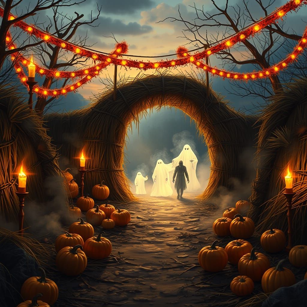 Ethereal Straw Labyrinth Entrance at Twilight with Glowing G...