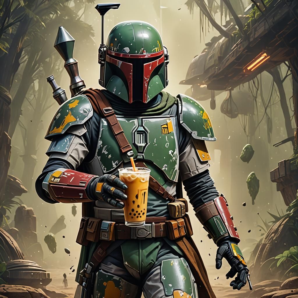 Boba Fett Sips Boba Tea in Vibrant, Fantastical Scene