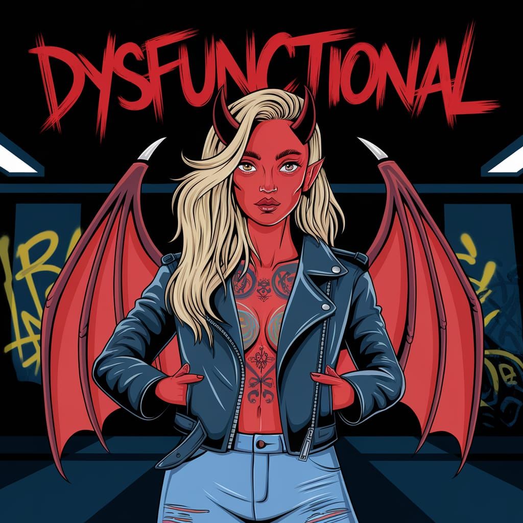 Blonde Demon Girl with Devil Horns and Tattoos