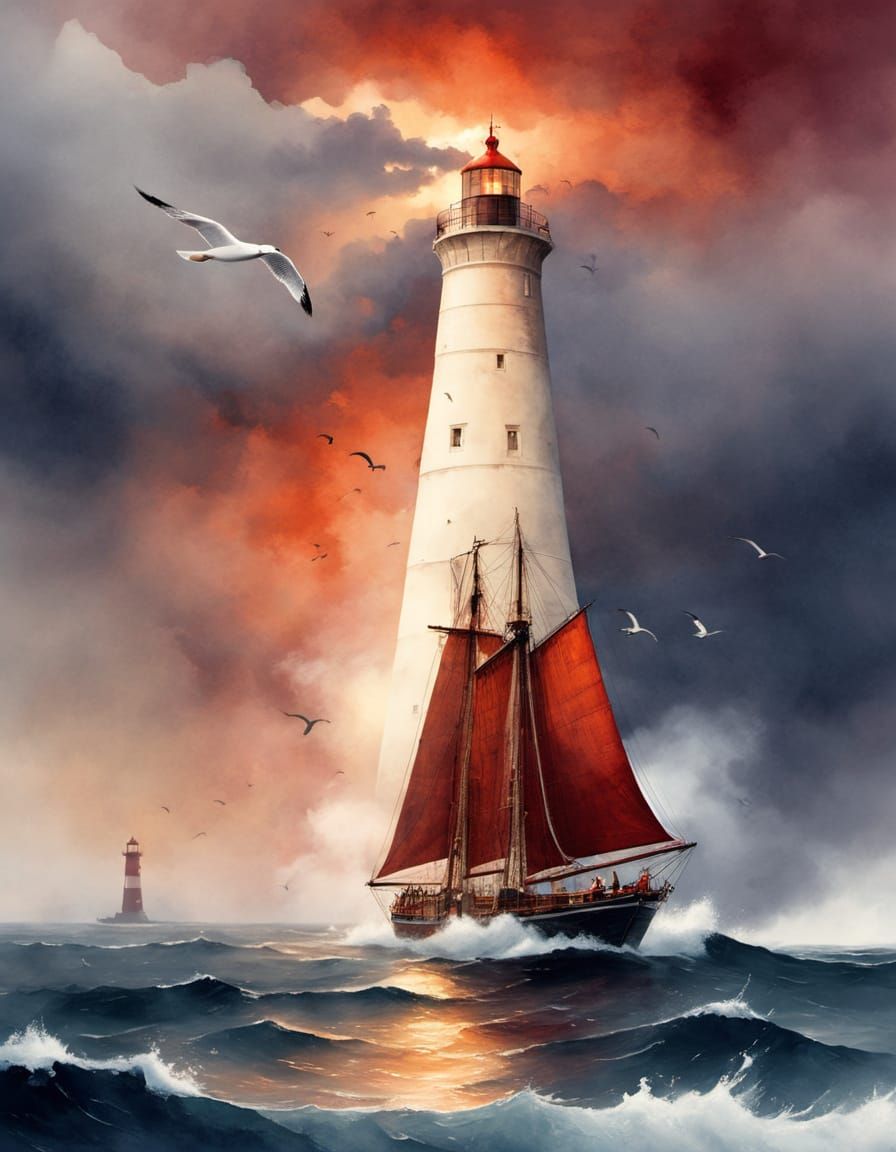 Lighthouse Glow in Moody Ocean Scene