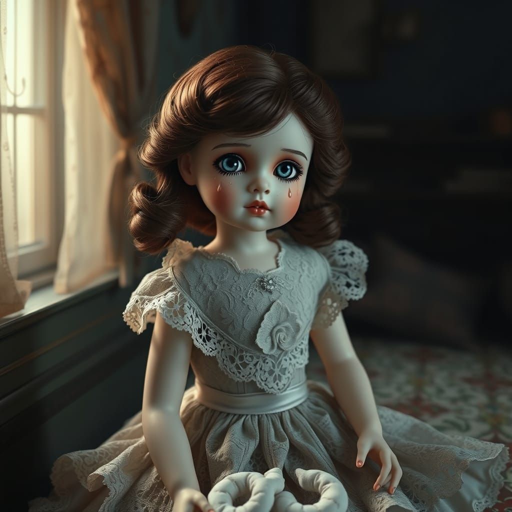 Melancholy Porcelain Doll in Whimsical Realism Style