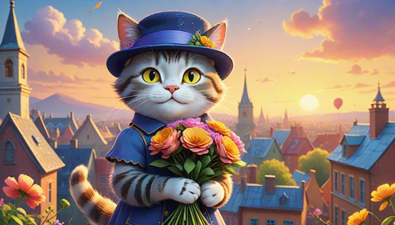 Whimsical Cat in a Hat Delights in Sunset Rooftop Serenade