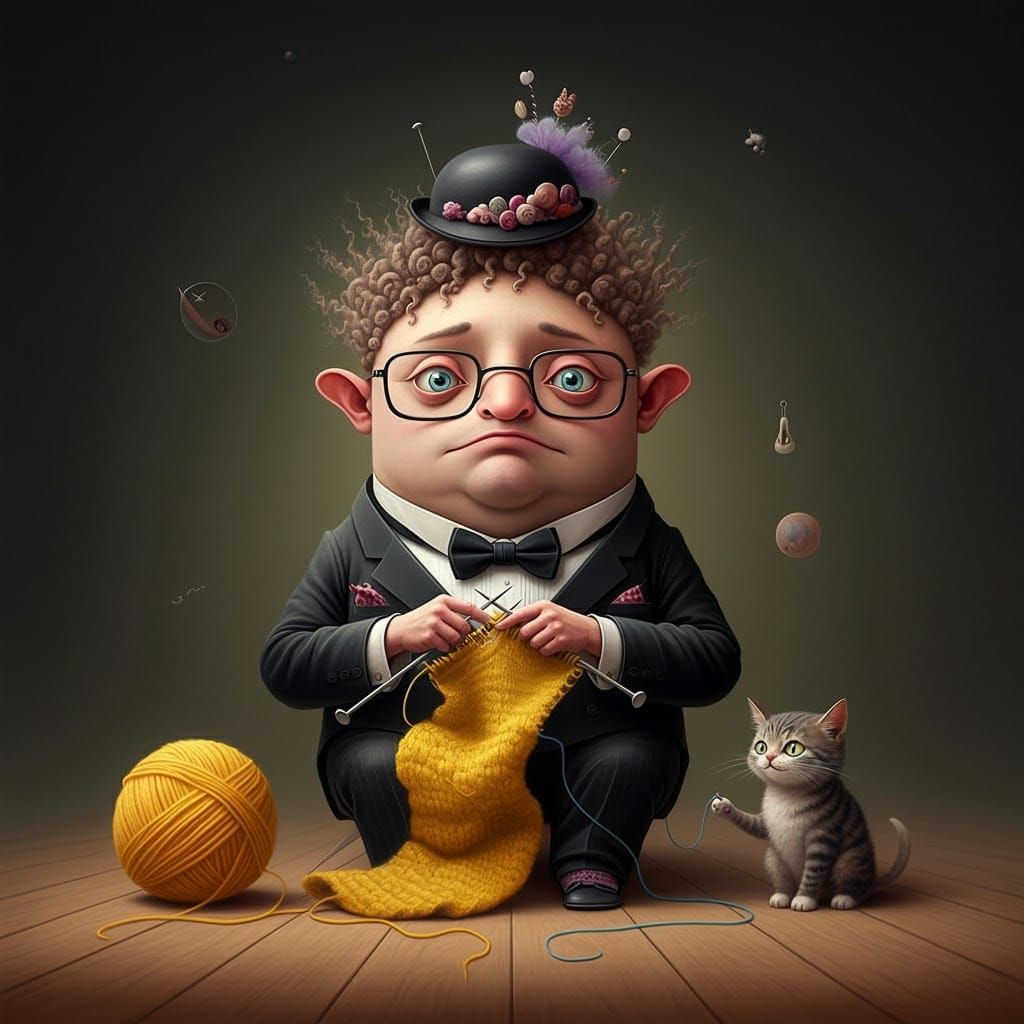 Whimsical Surrealist Creature in Tuxedo Knits with Feline As...