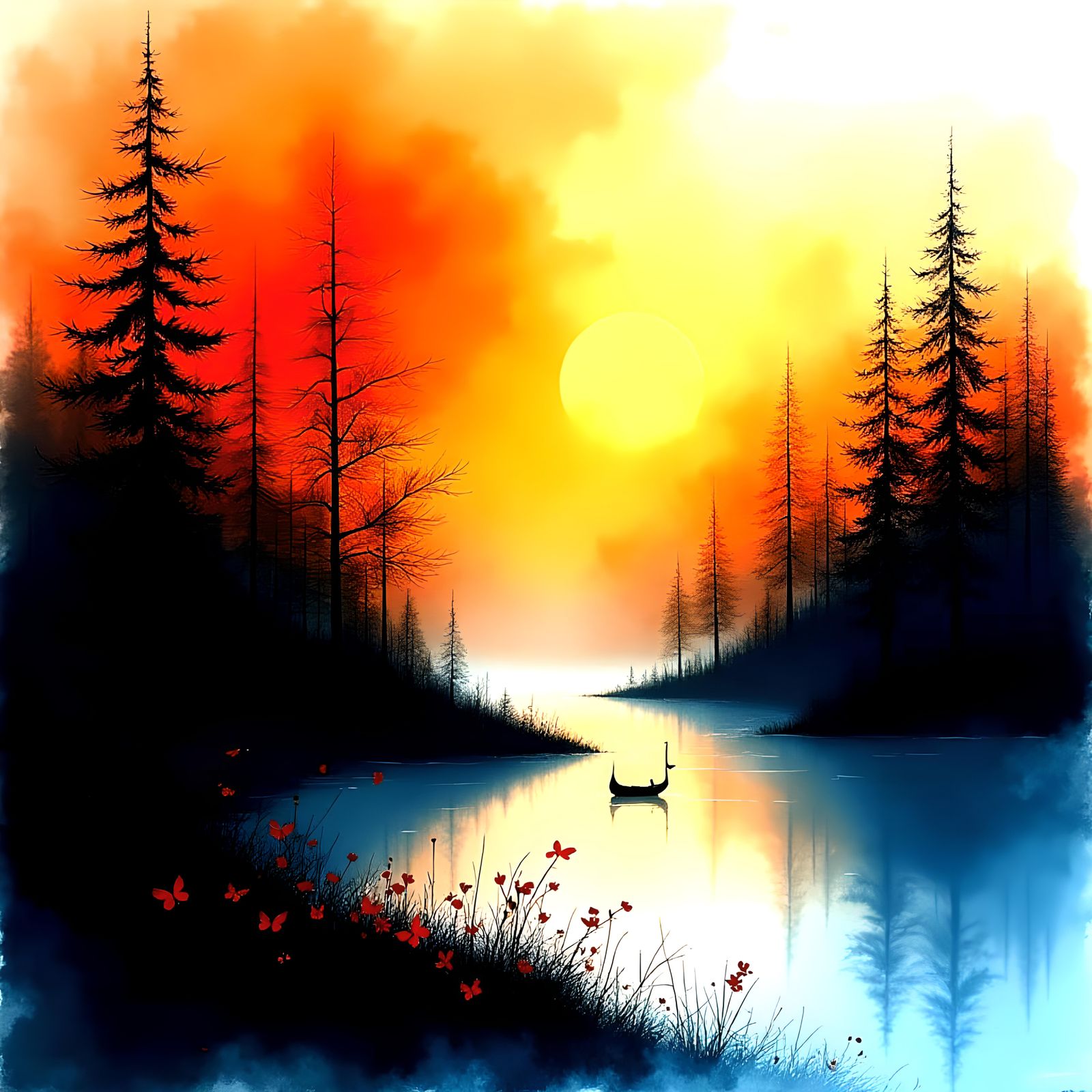 A beautiful landscape scene, palette orange, black, dark ora...