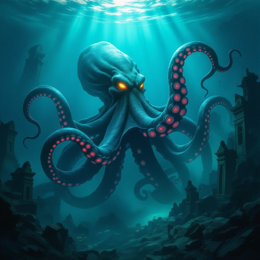 Kraken Rises From Sunken City in Dark Fantasy Style