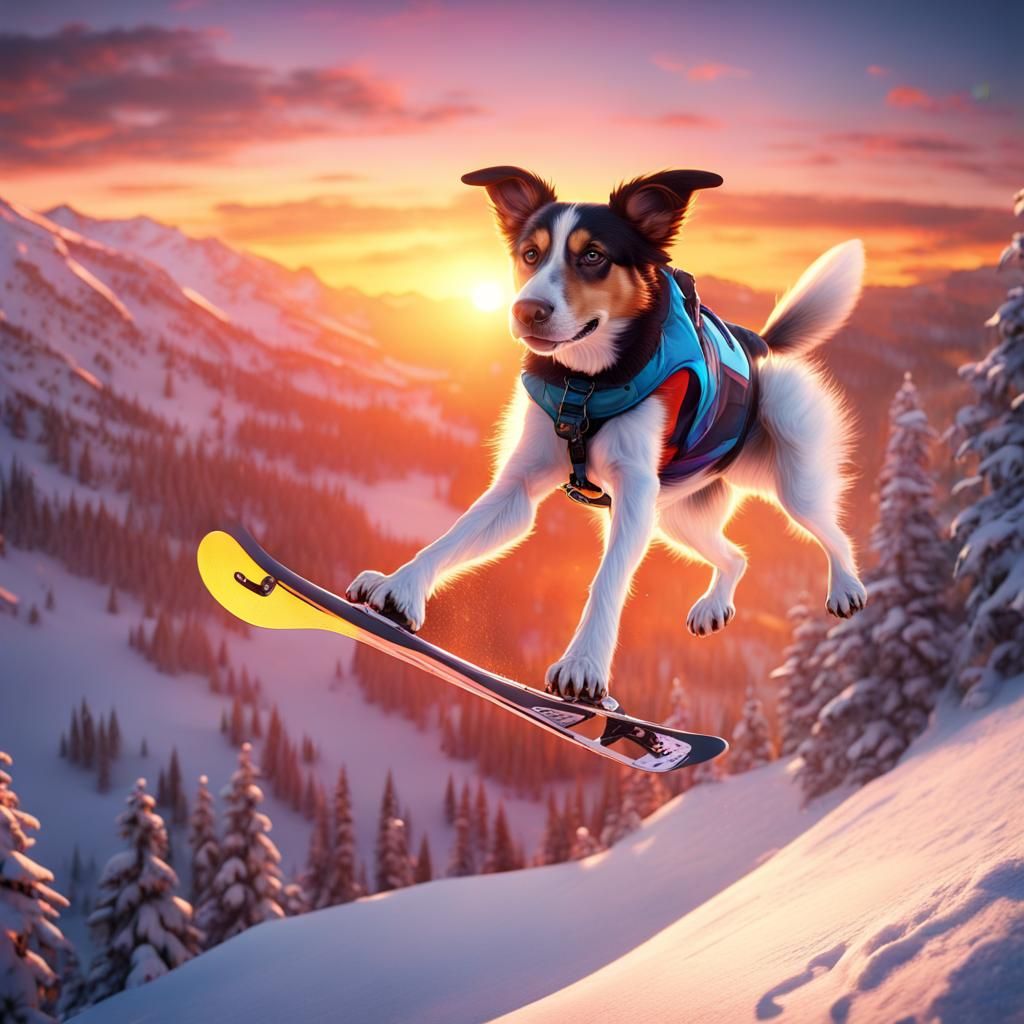 Dog Freestyle Skier at Sunset, Matte Painting