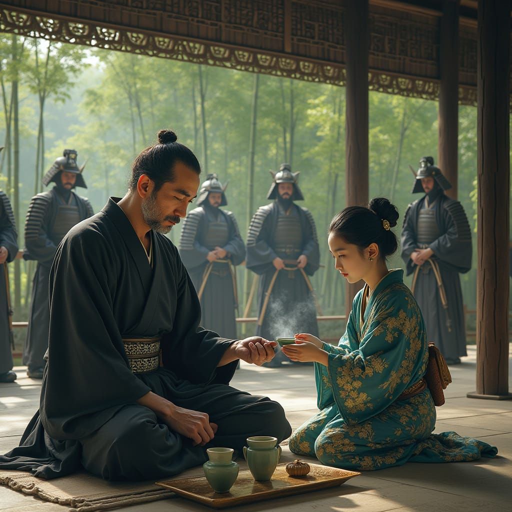 Traditional Japanese Family in Serene Shinto Temple