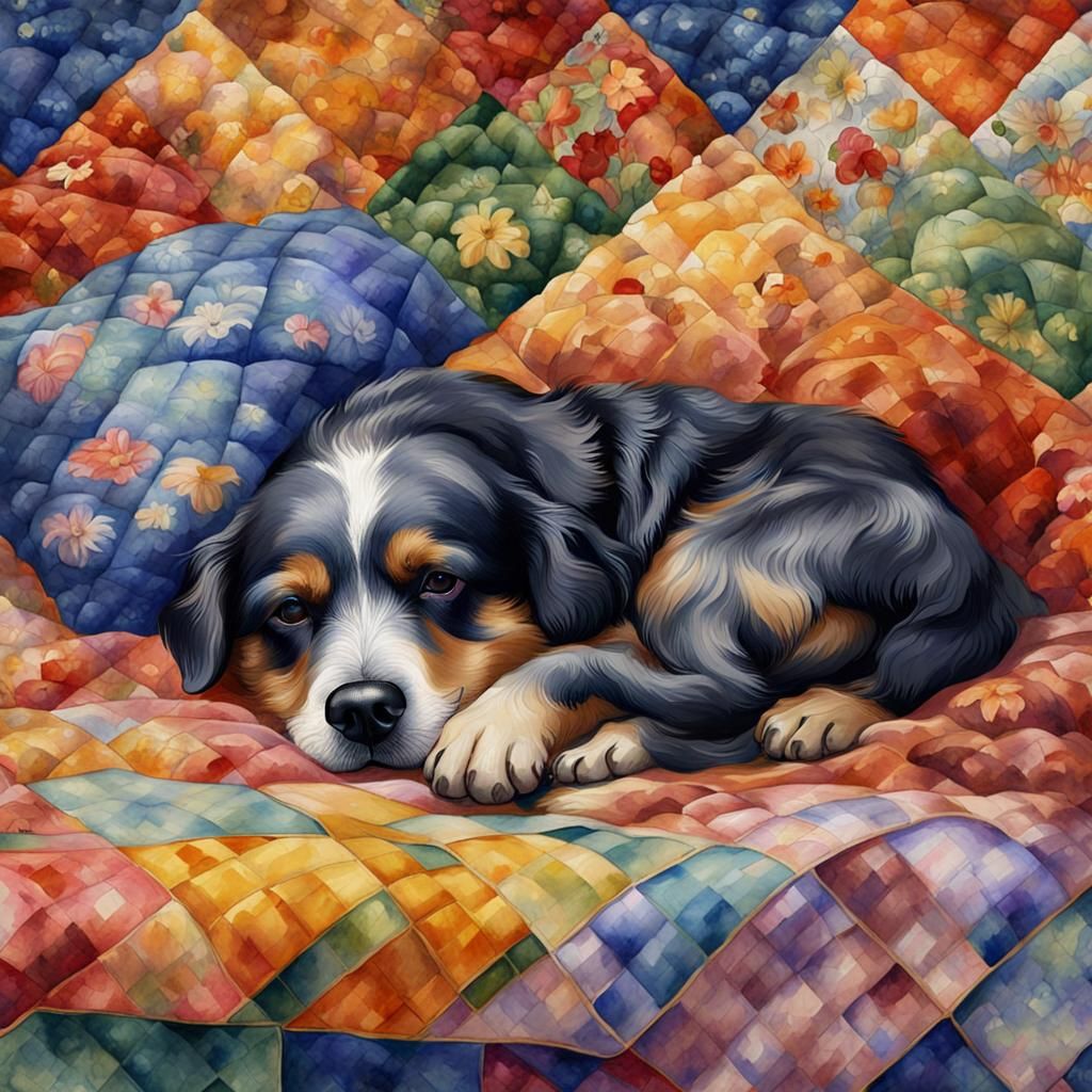 Dog Sleeping on Quilt, Impressionistic Watercolor Painting