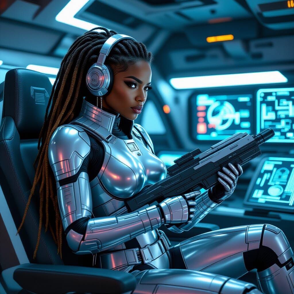 Futuristic Cyberpunk Warrior in Spaceship Cockpit