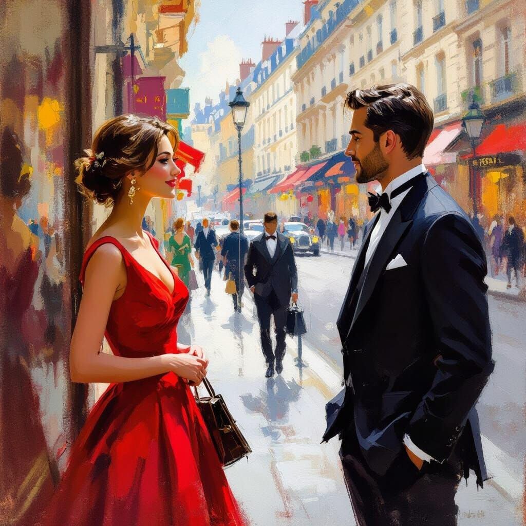 Impressionistic Oil Painting of Couple Window Shopping