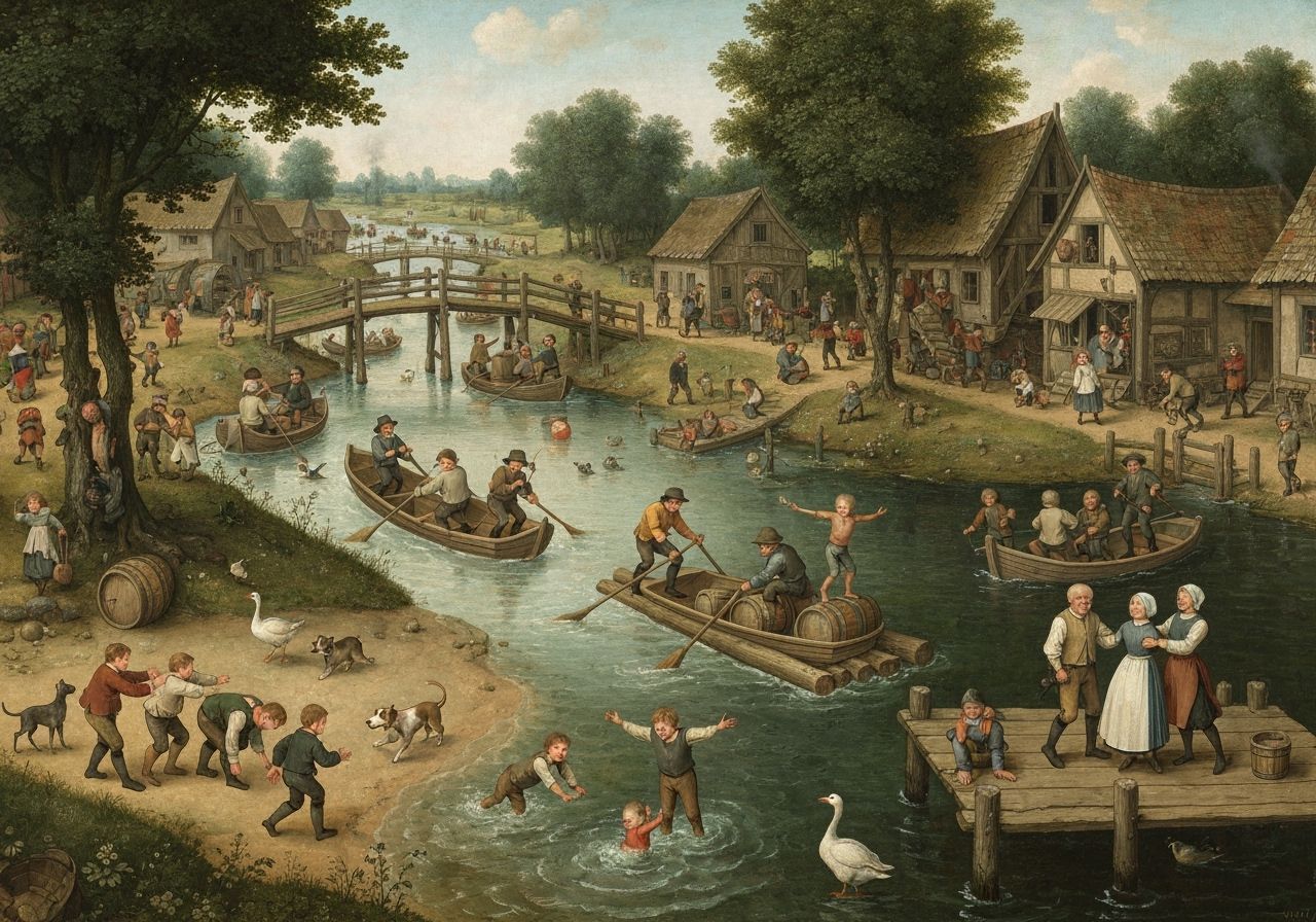Festive Riverside Village Scene in Bruegel Style