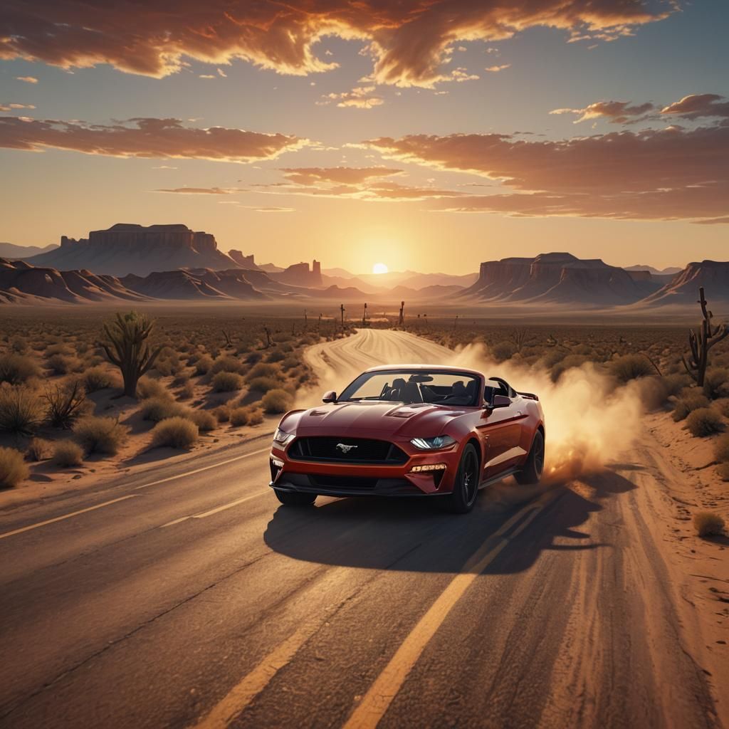 ford mustang in the desert at sunset