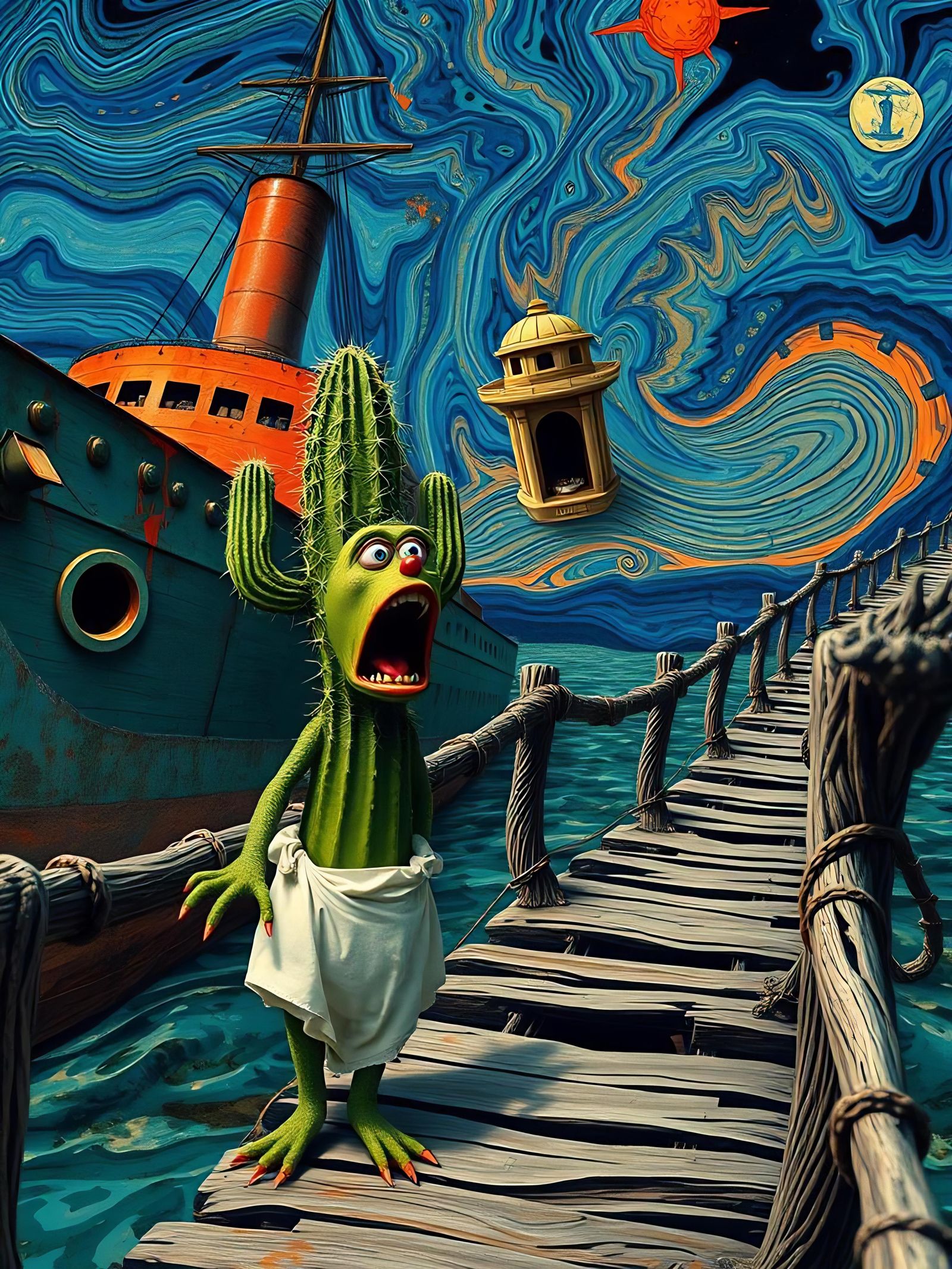 Anthropomorphic Cactus Screaming on a Bridge