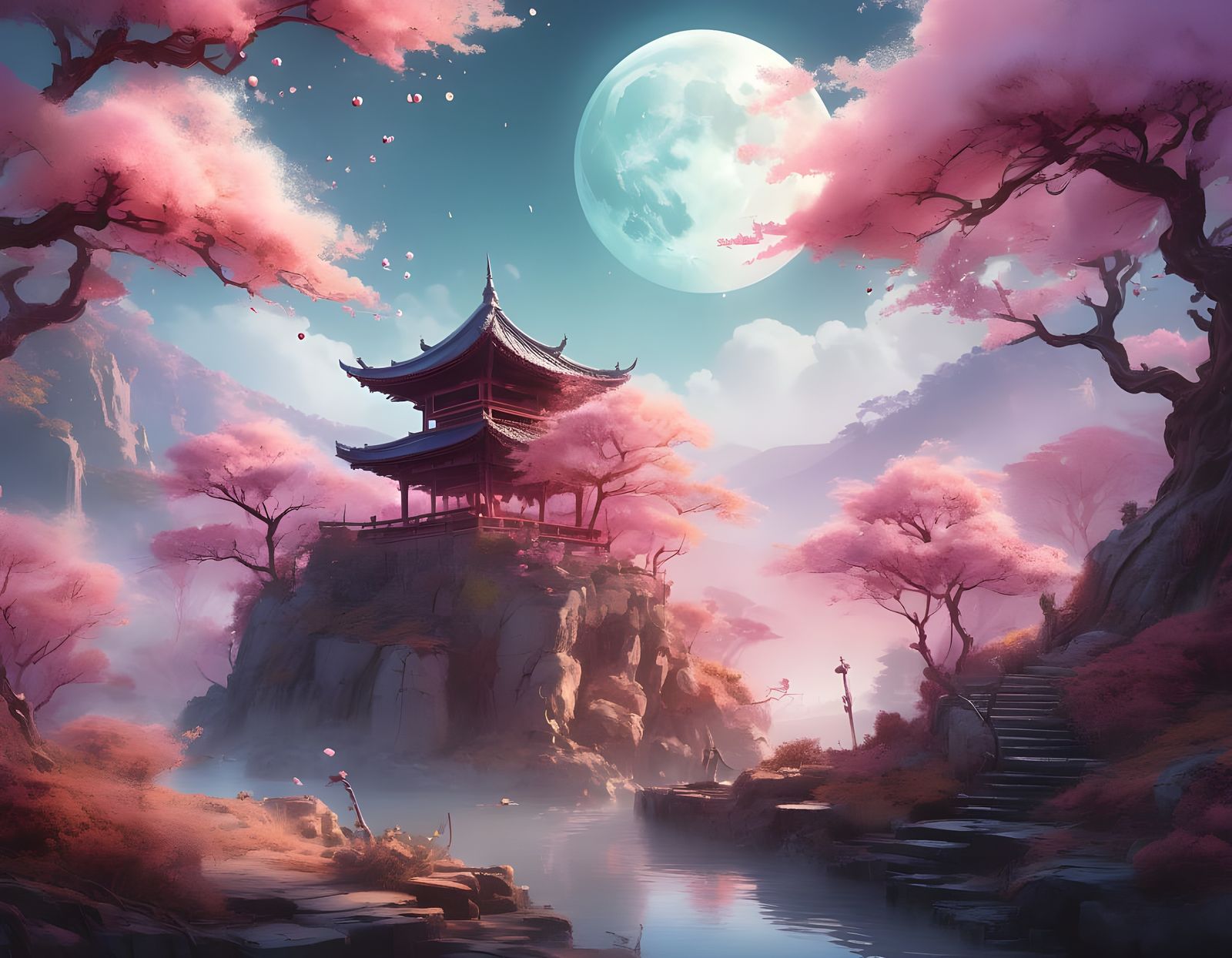 Asian Fantasy Watercolor Cherry Moon Landscape
