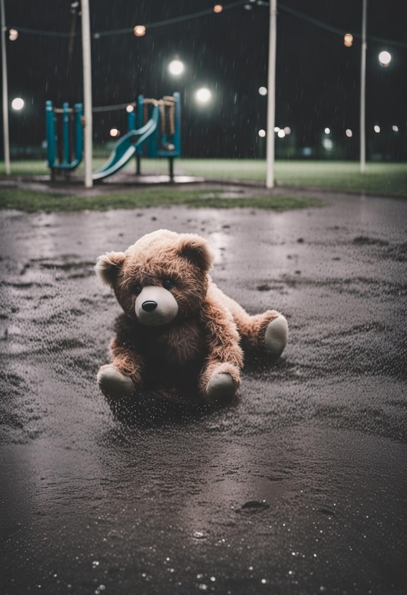 Sad Teddy Bear Abandoned on Rainy Playground