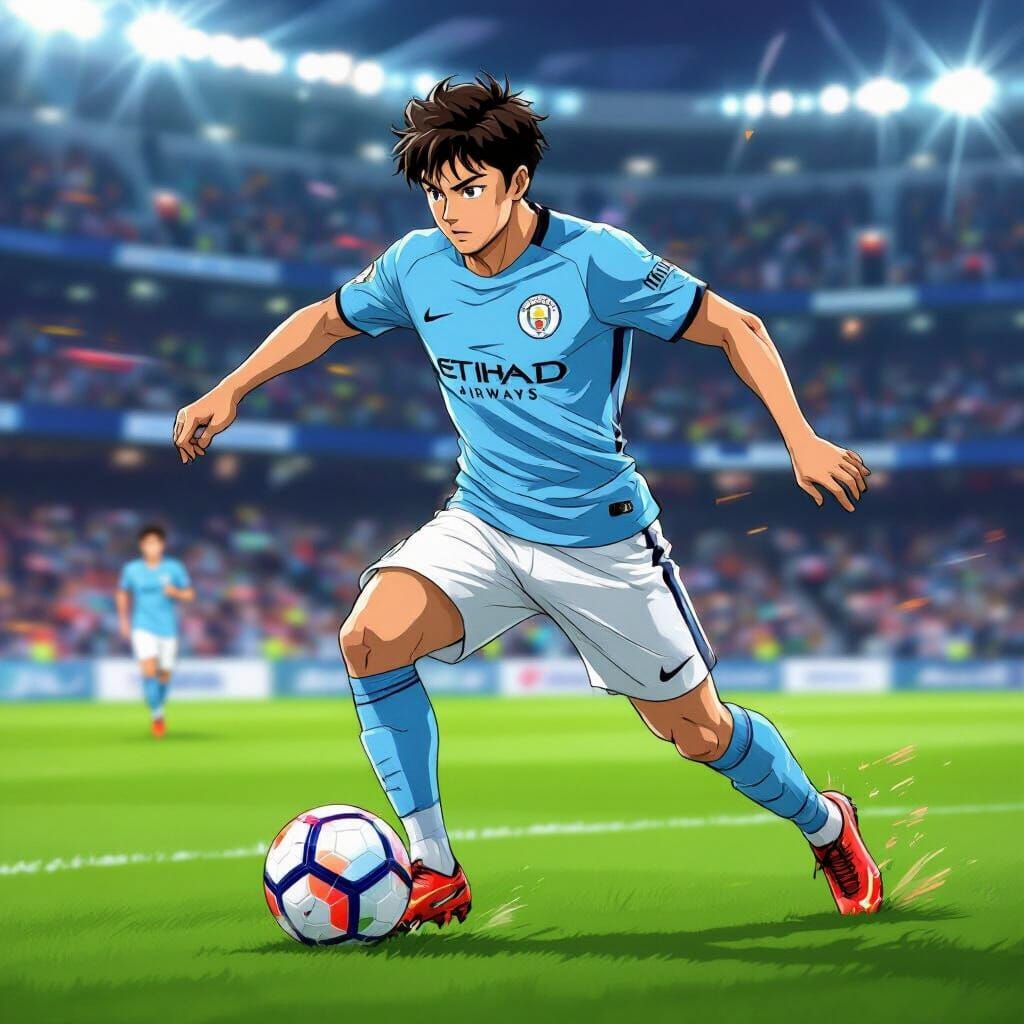 Manchester City Soccer Player Dribbling Ball in Action