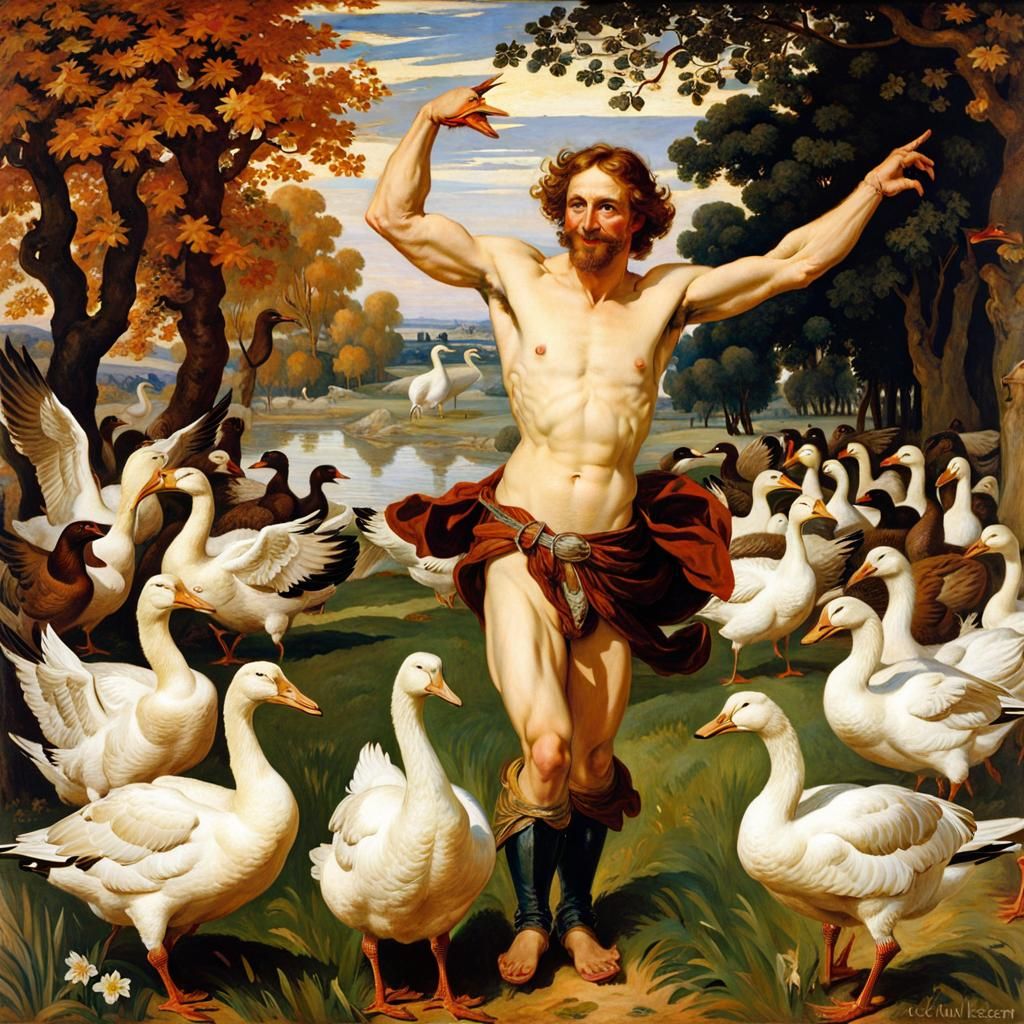Happy Farmer Dancing with Geese: Renaissance Painting
