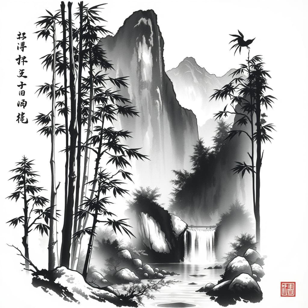 Surreal Bamboo Forest in Chinese Brush Art Style