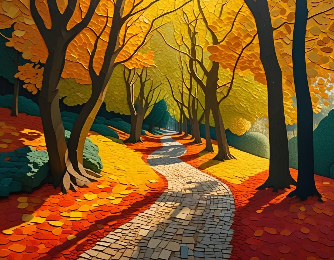 Autumnal Tree-Lined Path in Collage Style