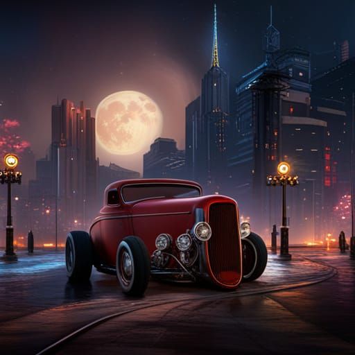 Rat Rod on a Night Time City Street