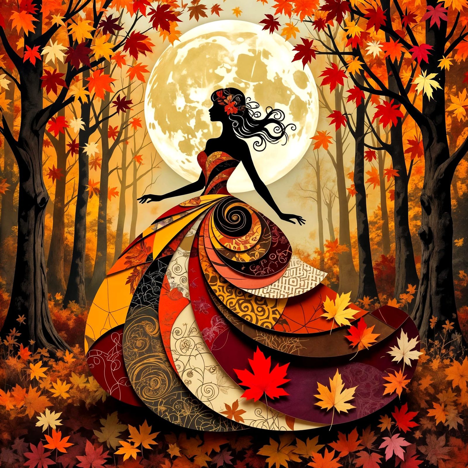 Autumnal Woman Figure in Swirling Leaf Dress