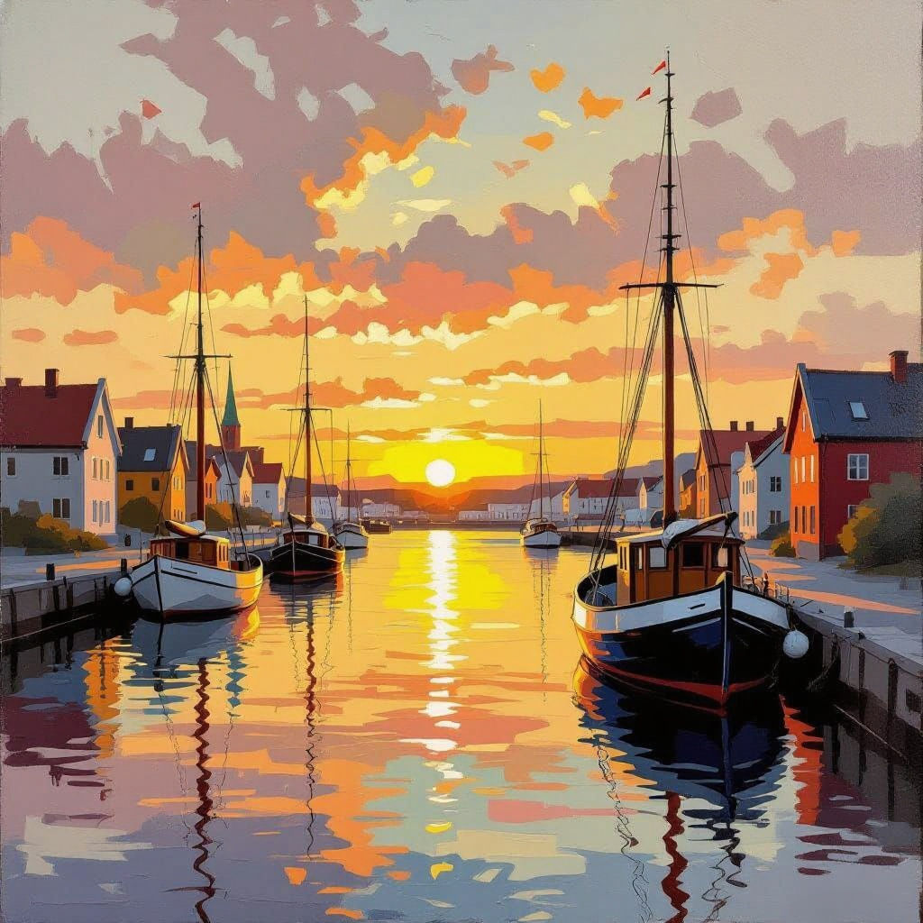 Serene Norwegian Harbor Sunrise in Oil