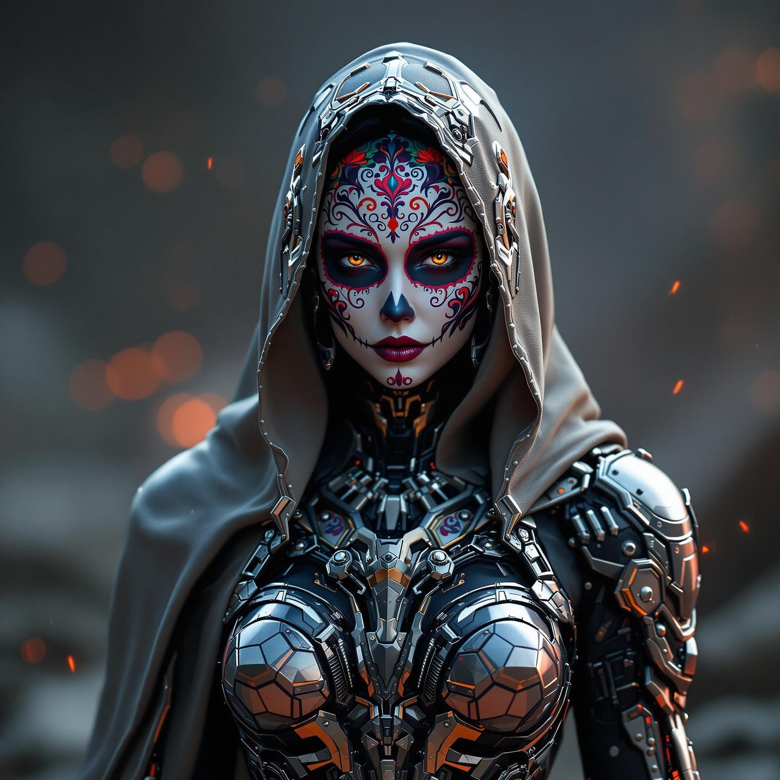 Woman in Día de los Muertos Face Paint with Futuristic Armor