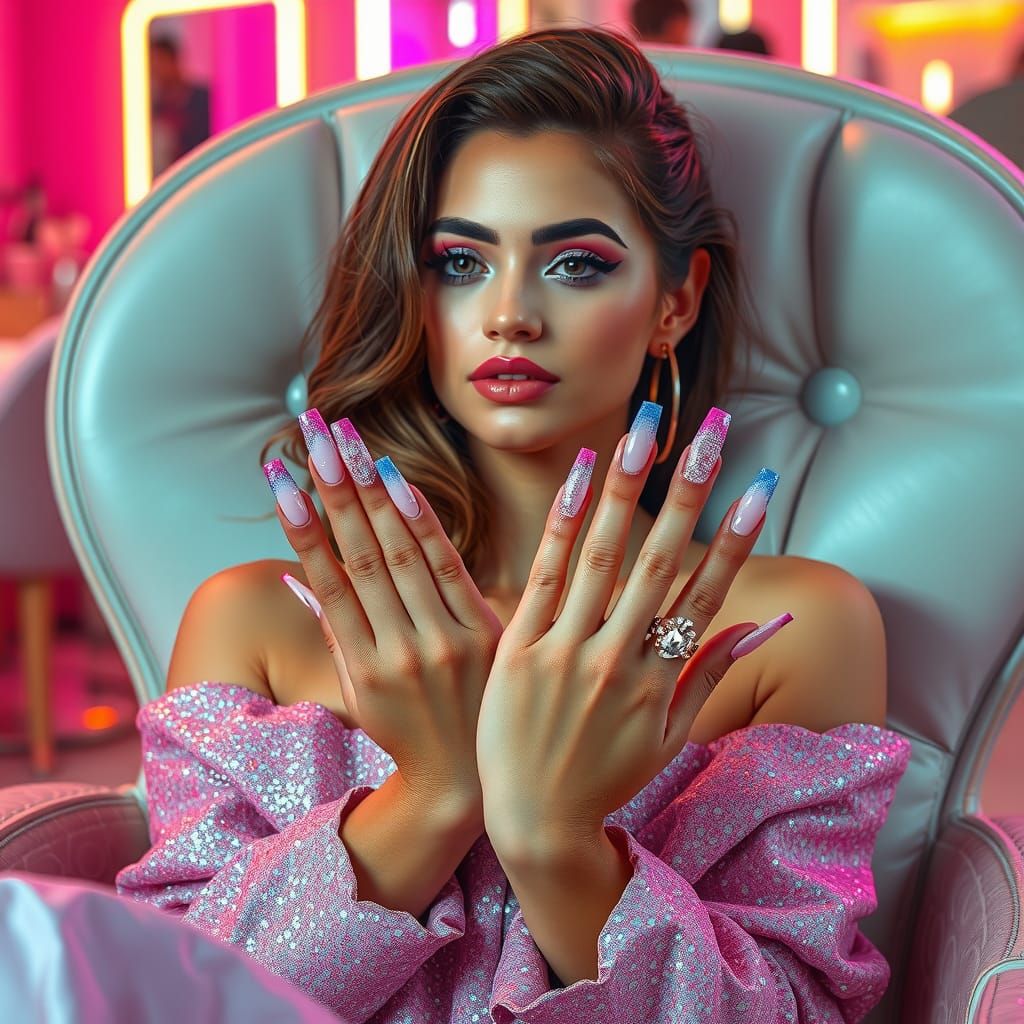 Woman's Glitter Ombre Manicure in Cyberpunk Style