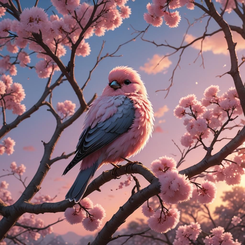 Pink Bird in Tree with Pastel Sunset: Anime Art
